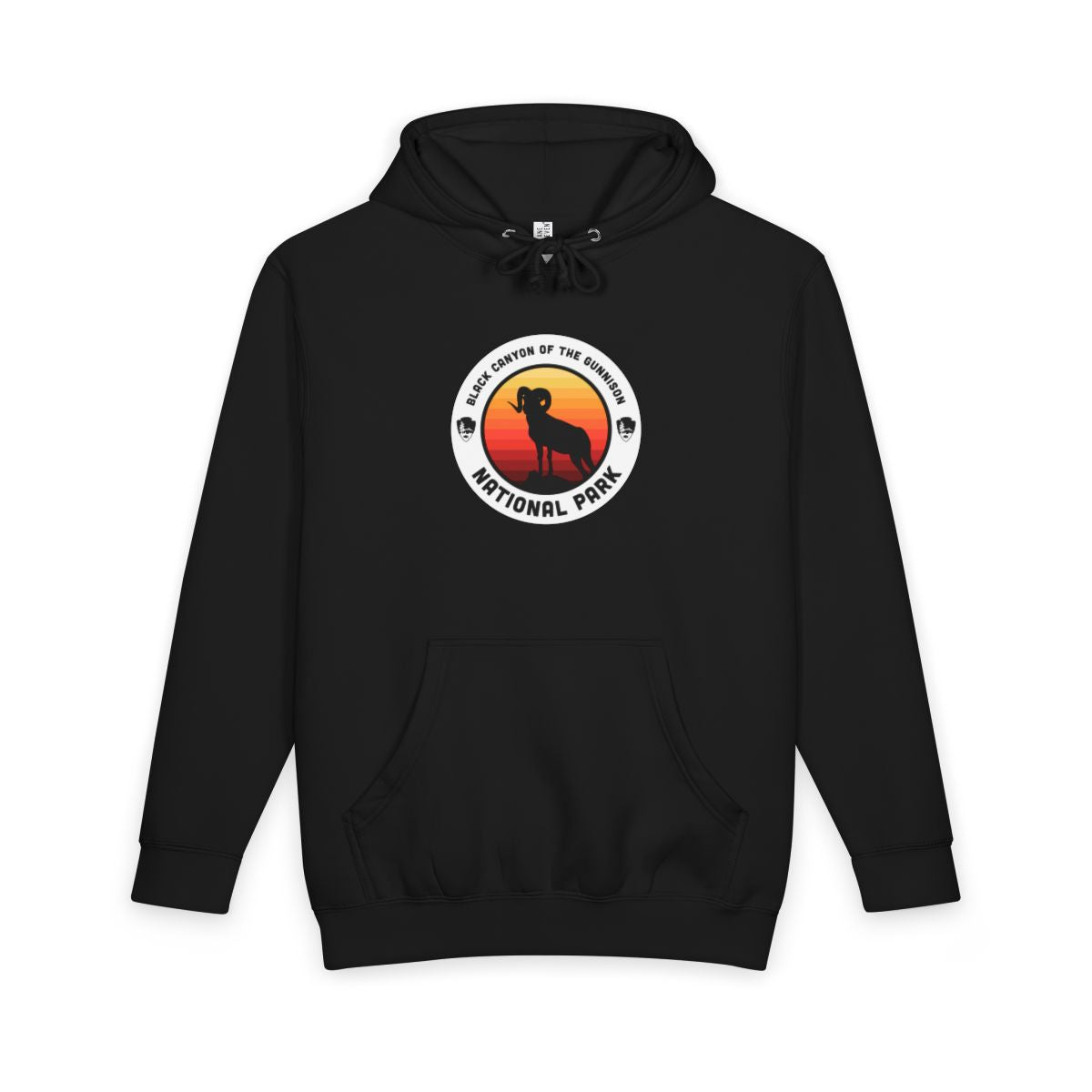 Black Black Canyon of the Gunnison National Park hoodie, front view with round emblem design