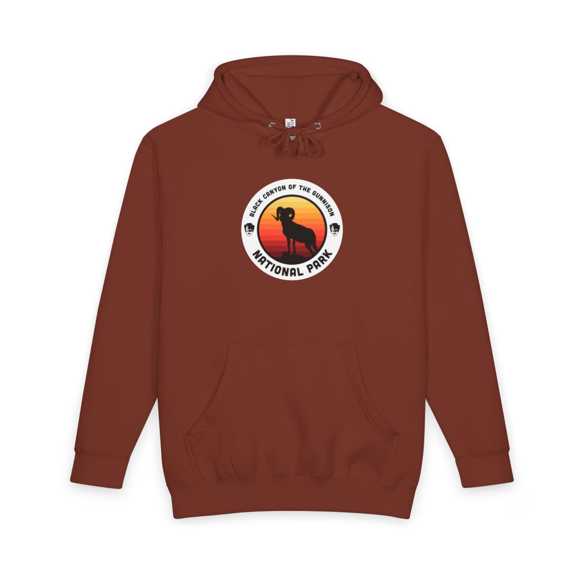 Paprika Black Canyon of the Gunnison National Park hoodie, front view with round emblem design