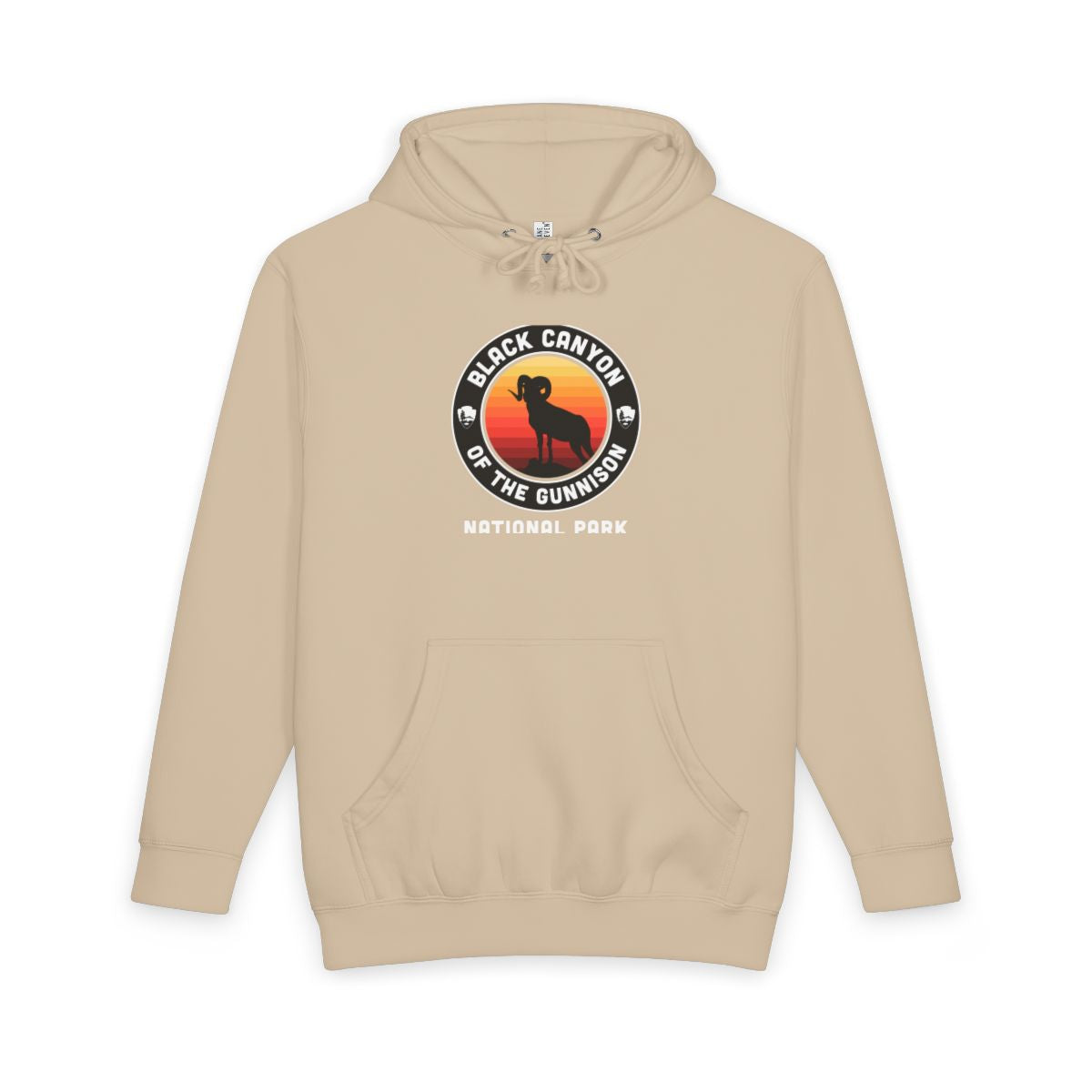 Mushroom Black Canyon of the Gunnison National Park hoodie, front view with round emblem design