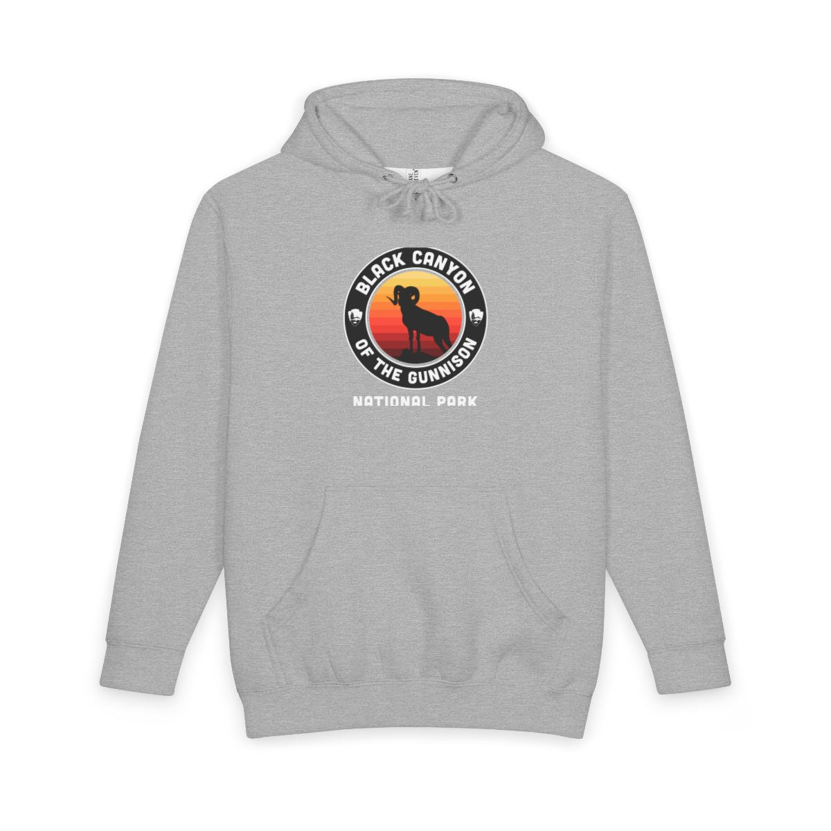 Heather Grey Black Canyon of the Gunnison National Park hoodie, front view with round emblem design