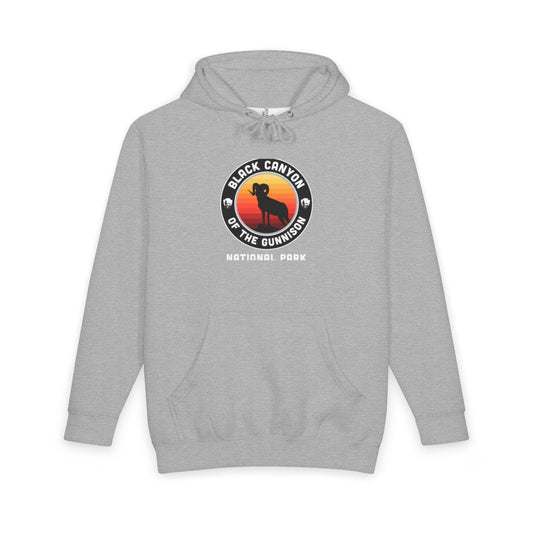 Heather Grey Black Canyon of the Gunnison National Park hoodie, front view with round emblem design