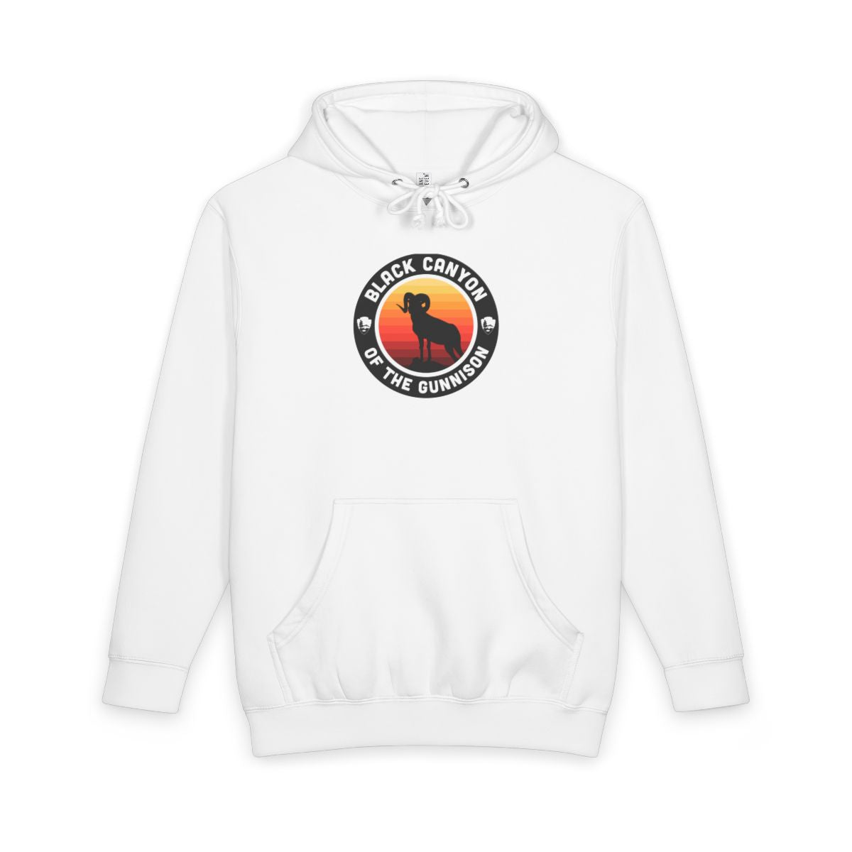 White Black Canyon of the Gunnison National Park hoodie, front view with round emblem design