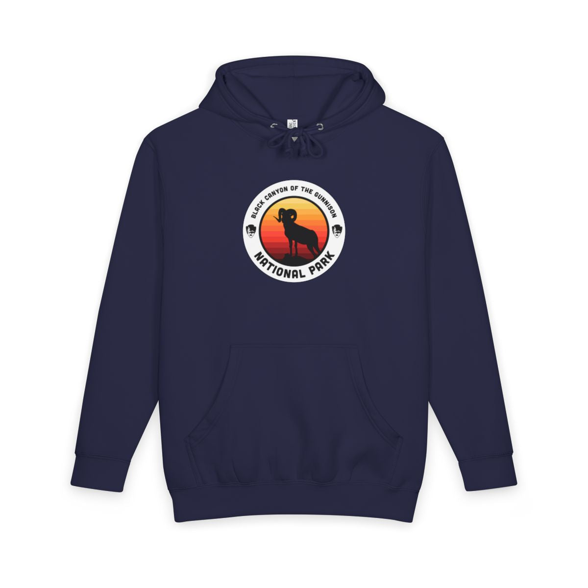 Navy Blue Black Canyon of the Gunnison National Park hoodie, front view with round emblem design