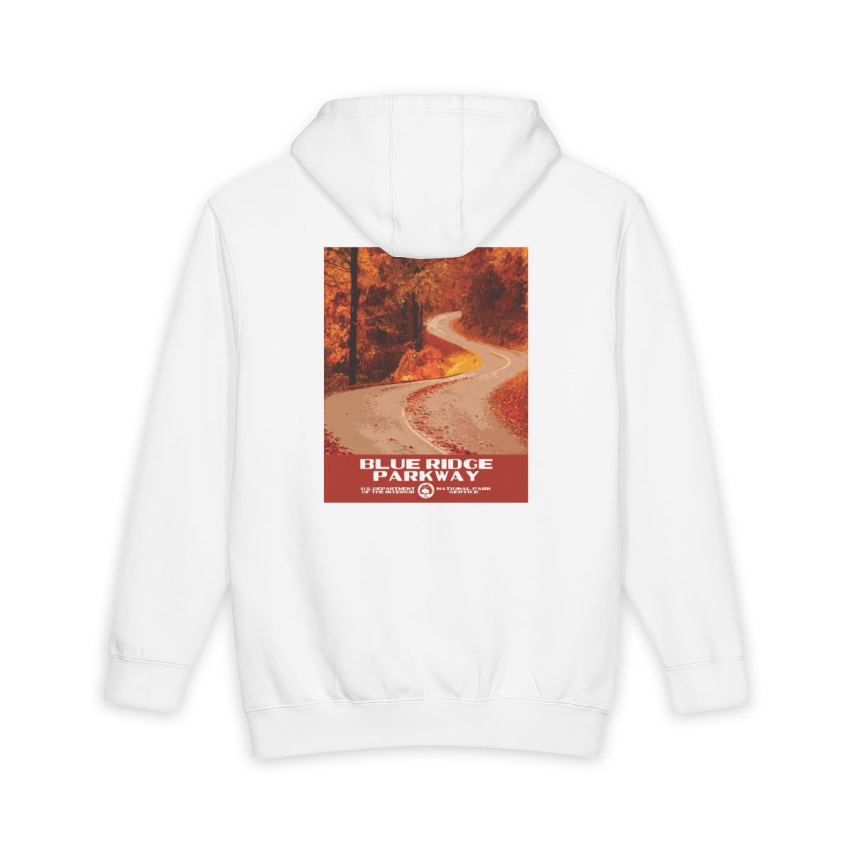 White Blue Ridge Parkway hoodie, back view with national park poster artwork