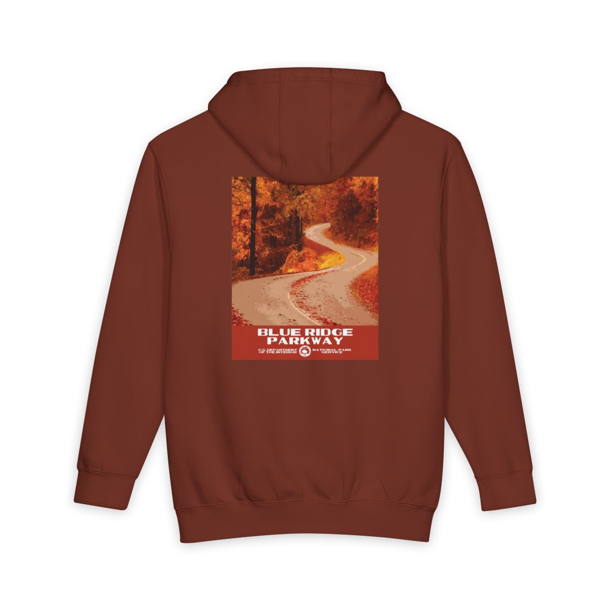 Paprika Blue Ridge Parkway hoodie, back view with national park poster artwork