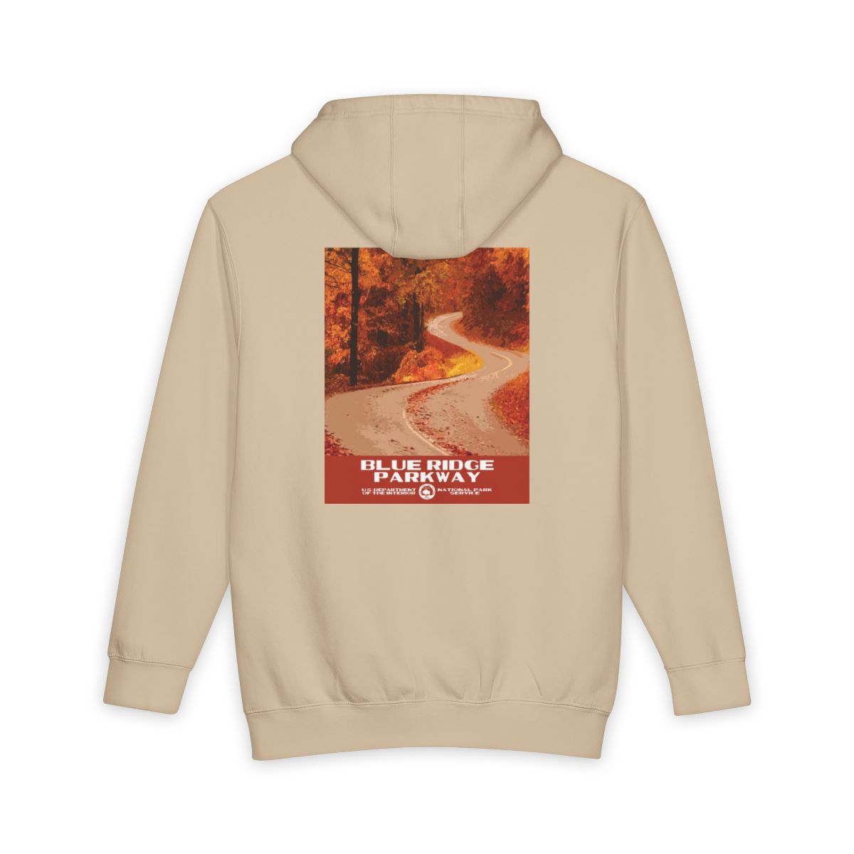 Mushroom Blue Ridge Parkway hoodie, back view with national park poster artwork