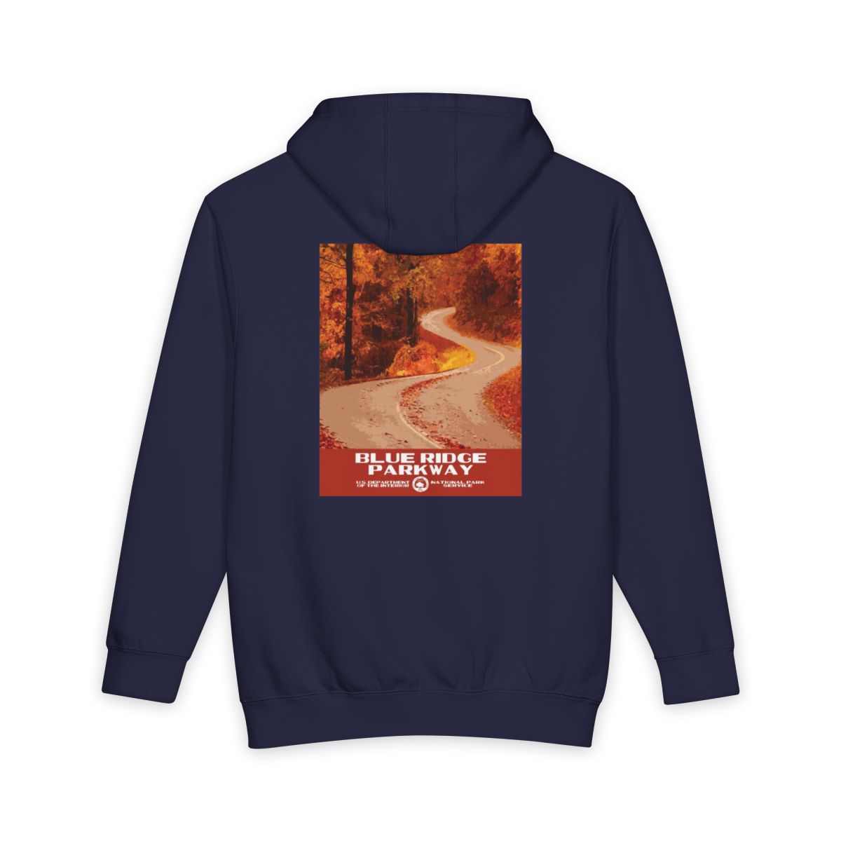 Navy Blue Blue Ridge Parkway hoodie, back view with national park poster artwork