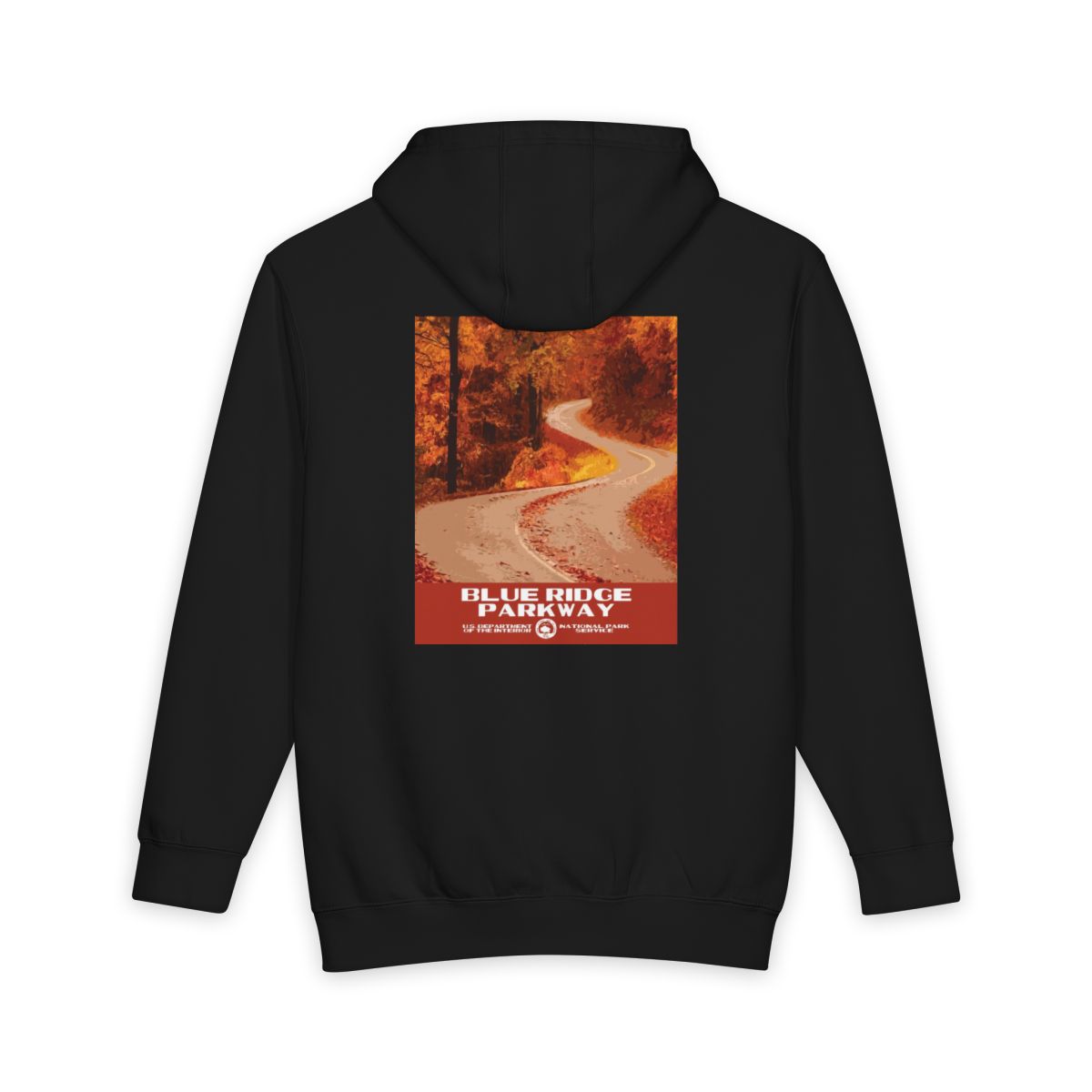 Black Blue Ridge Parkway hoodie, back view with national park poster artwork