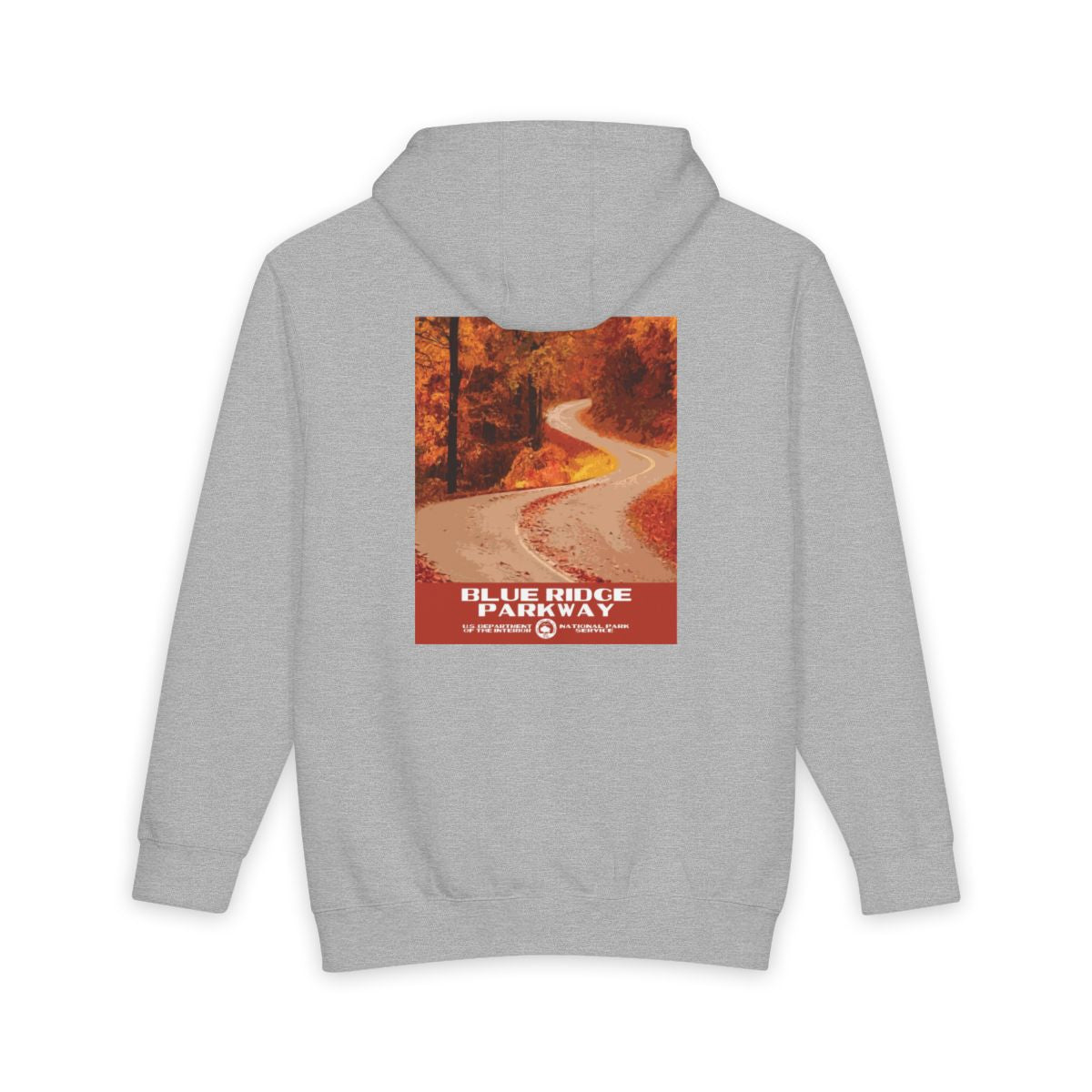 Heather Grey Blue Ridge Parkway hoodie, back view with national park poster artwork