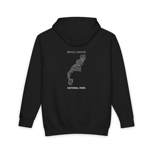 Black Bryce Canyon National Park hoodie, back view with topographic line design