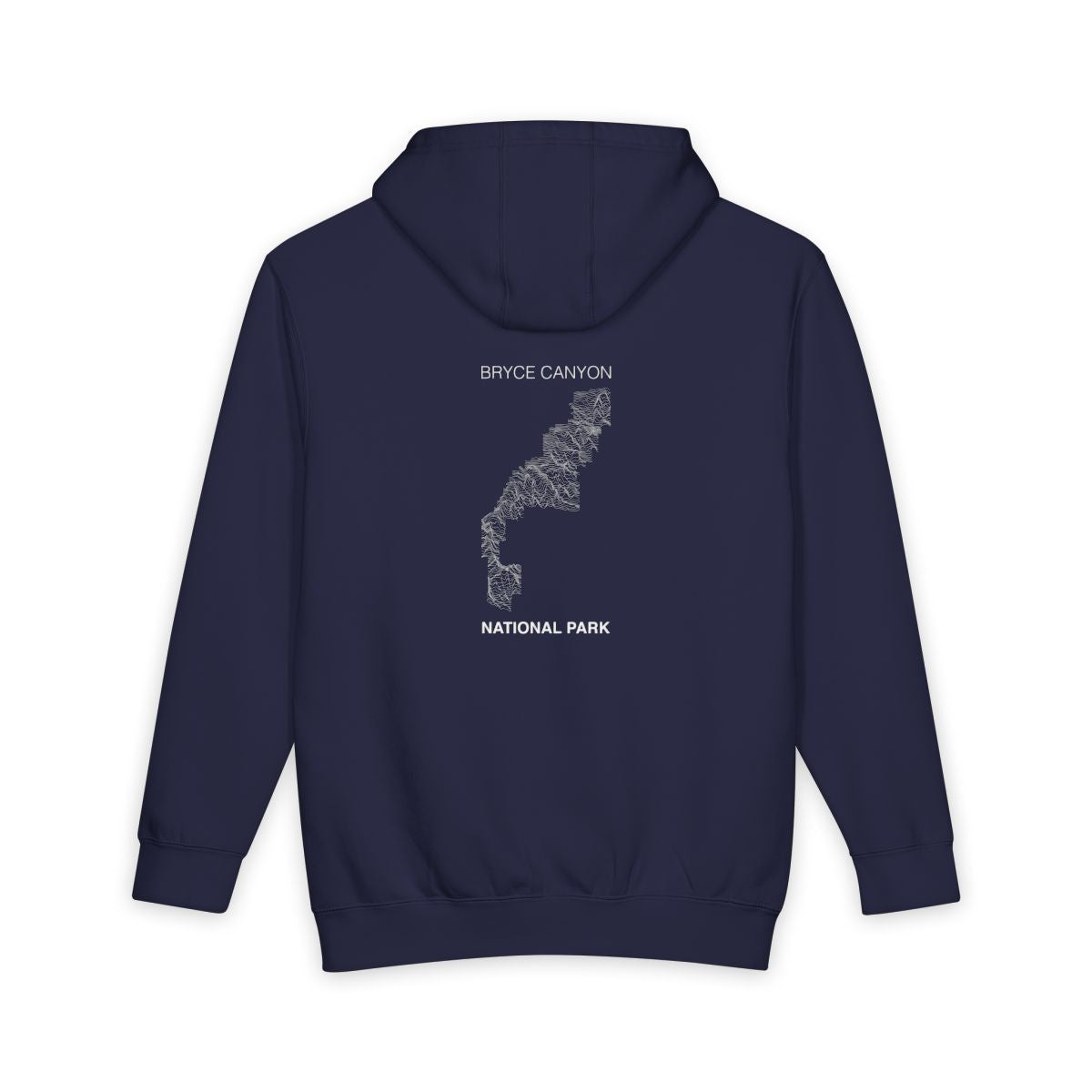 Navy Blue Bryce Canyon National Park hoodie, back view with topographic line design