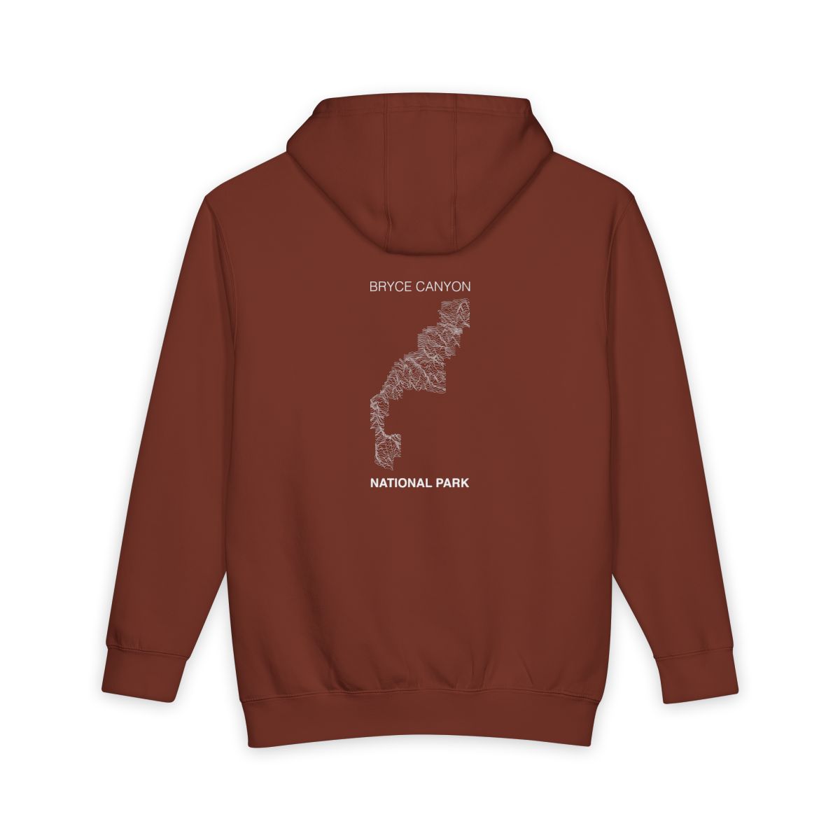 Paprika Bryce Canyon National Park hoodie, back view with topographic line design
