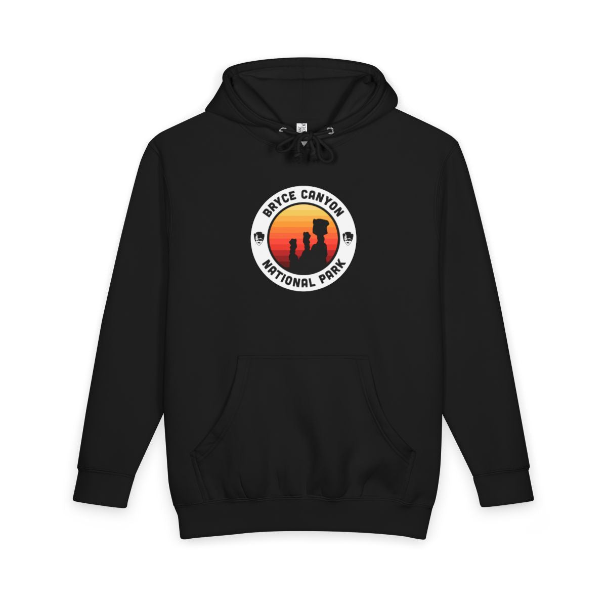 Black Bryce Canyon National Park hoodie, front view with round emblem design