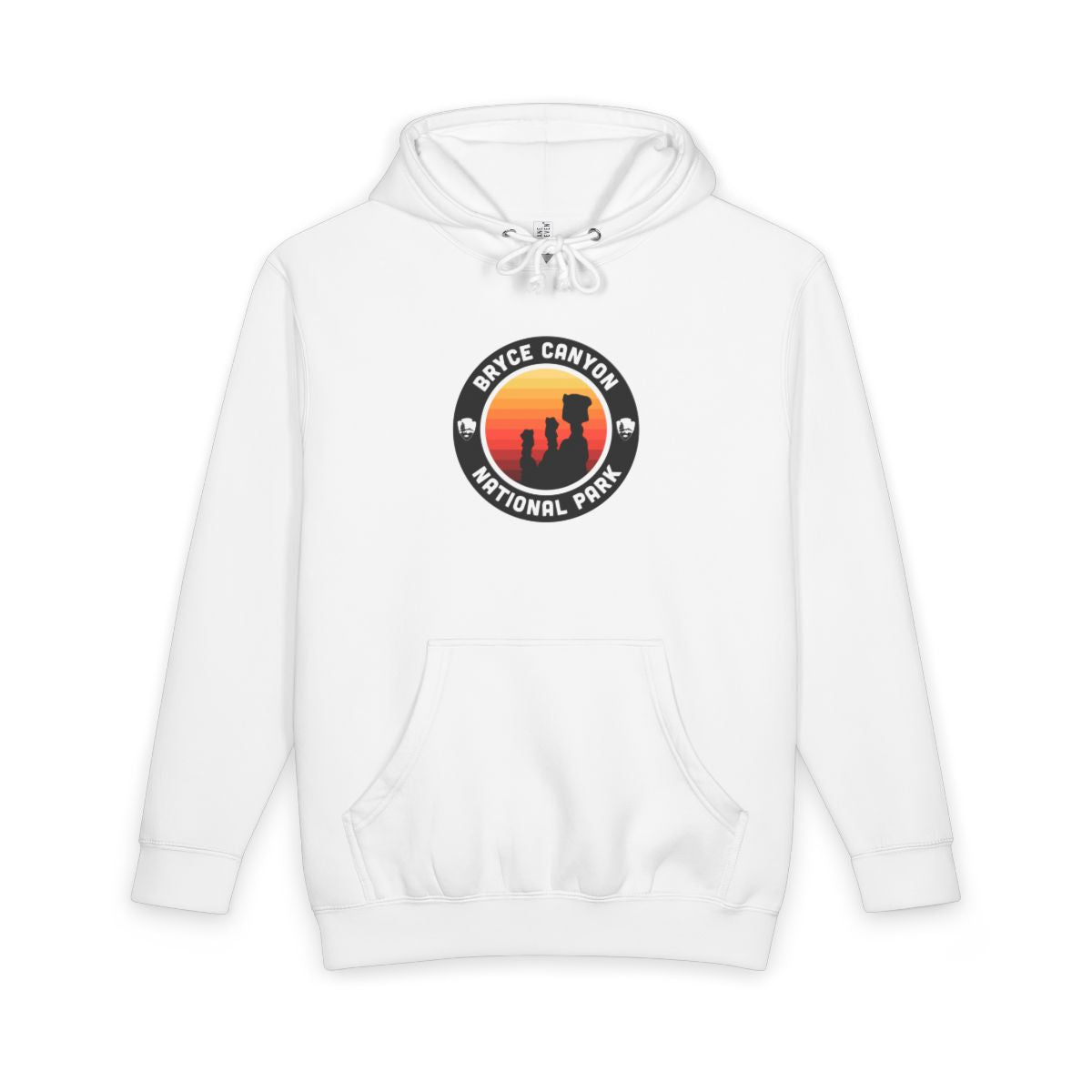 White Bryce Canyon National Park hoodie, front view with round emblem design