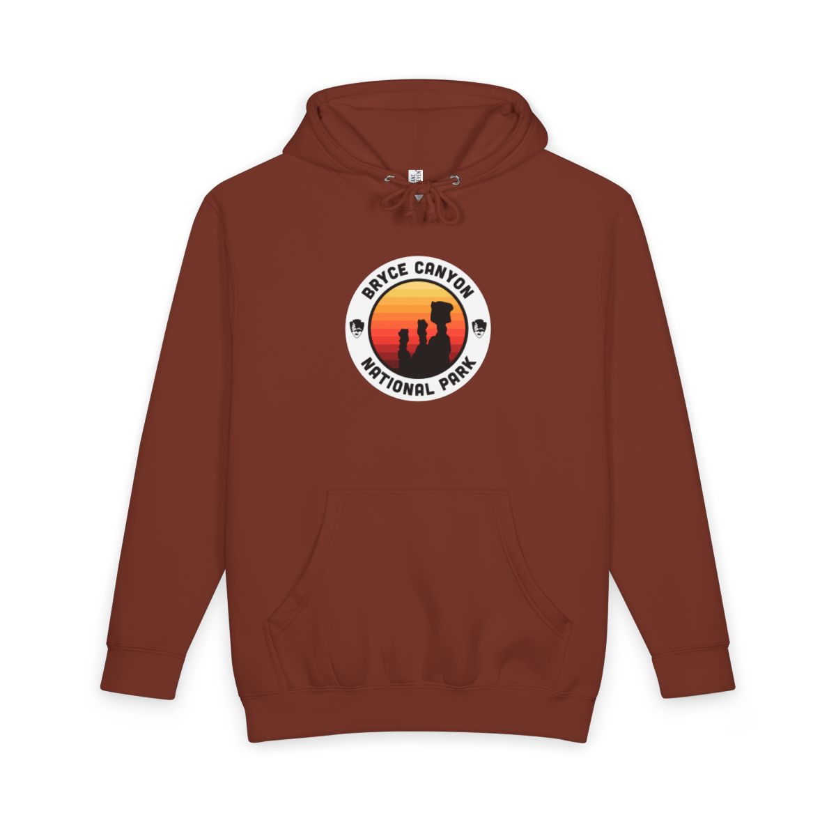 Paprika Bryce Canyon National Park hoodie, front view with round emblem design