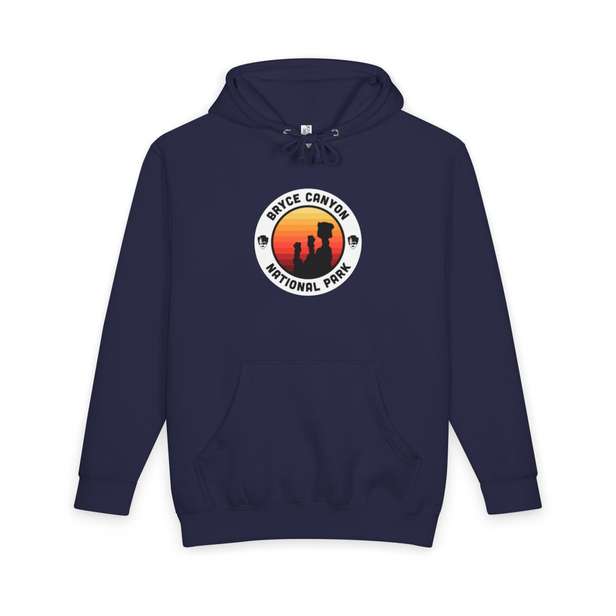 Navy Blue Bryce Canyon National Park hoodie, front view with round emblem design