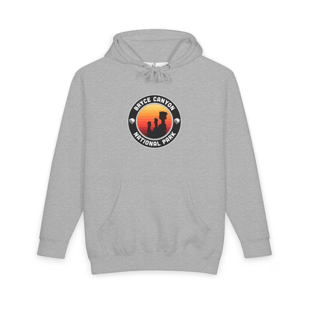 Heather Grey Bryce Canyon National Park hoodie, front view with round emblem design