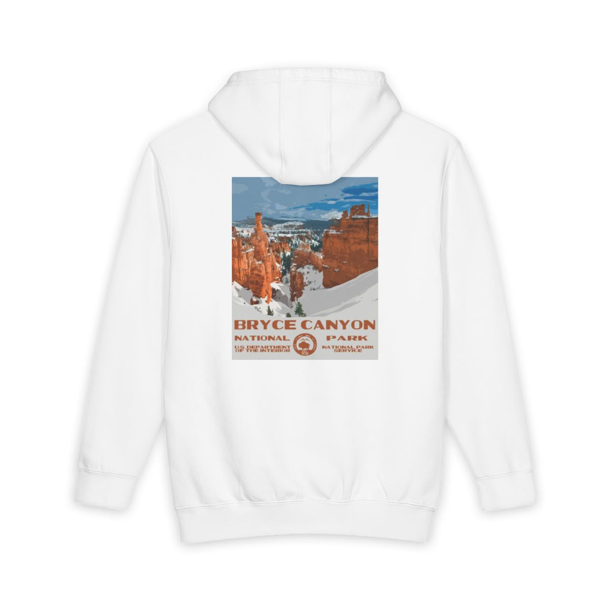 White Bryce Canyon National Park hoodie, back view with national park poster artwork