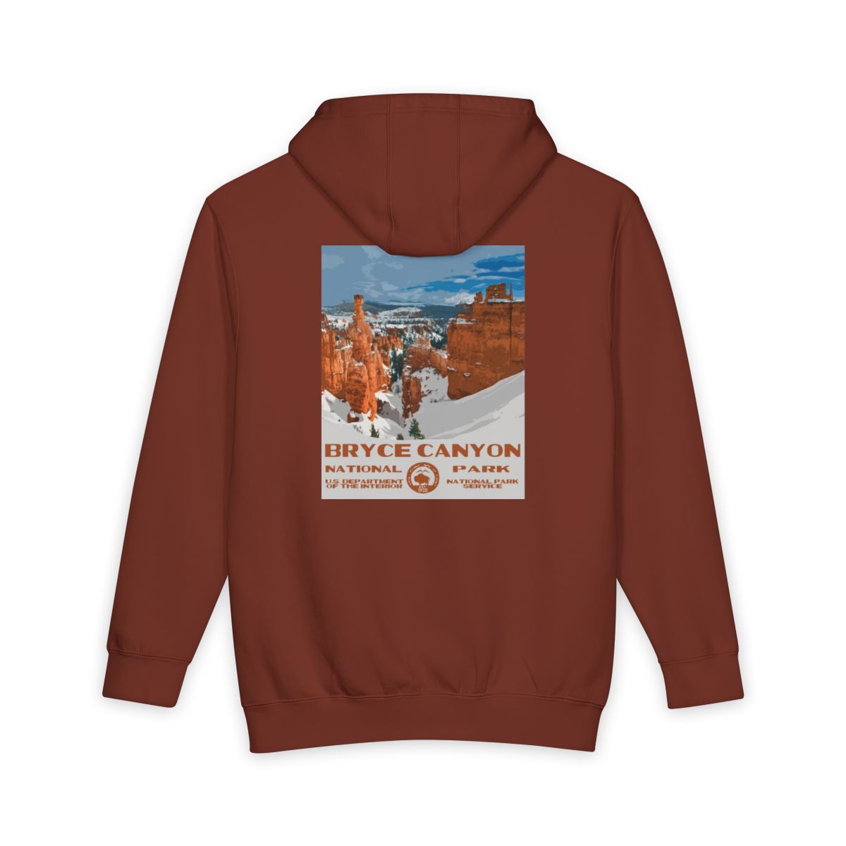 Paprika Bryce Canyon National Park hoodie, back view with national park poster artwork