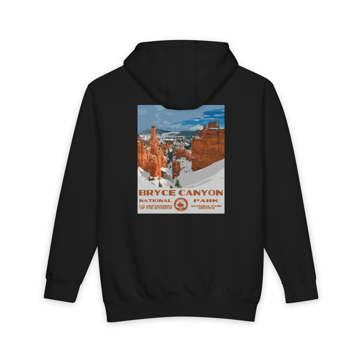 Black Bryce Canyon National Park hoodie, back view with national park poster artwork