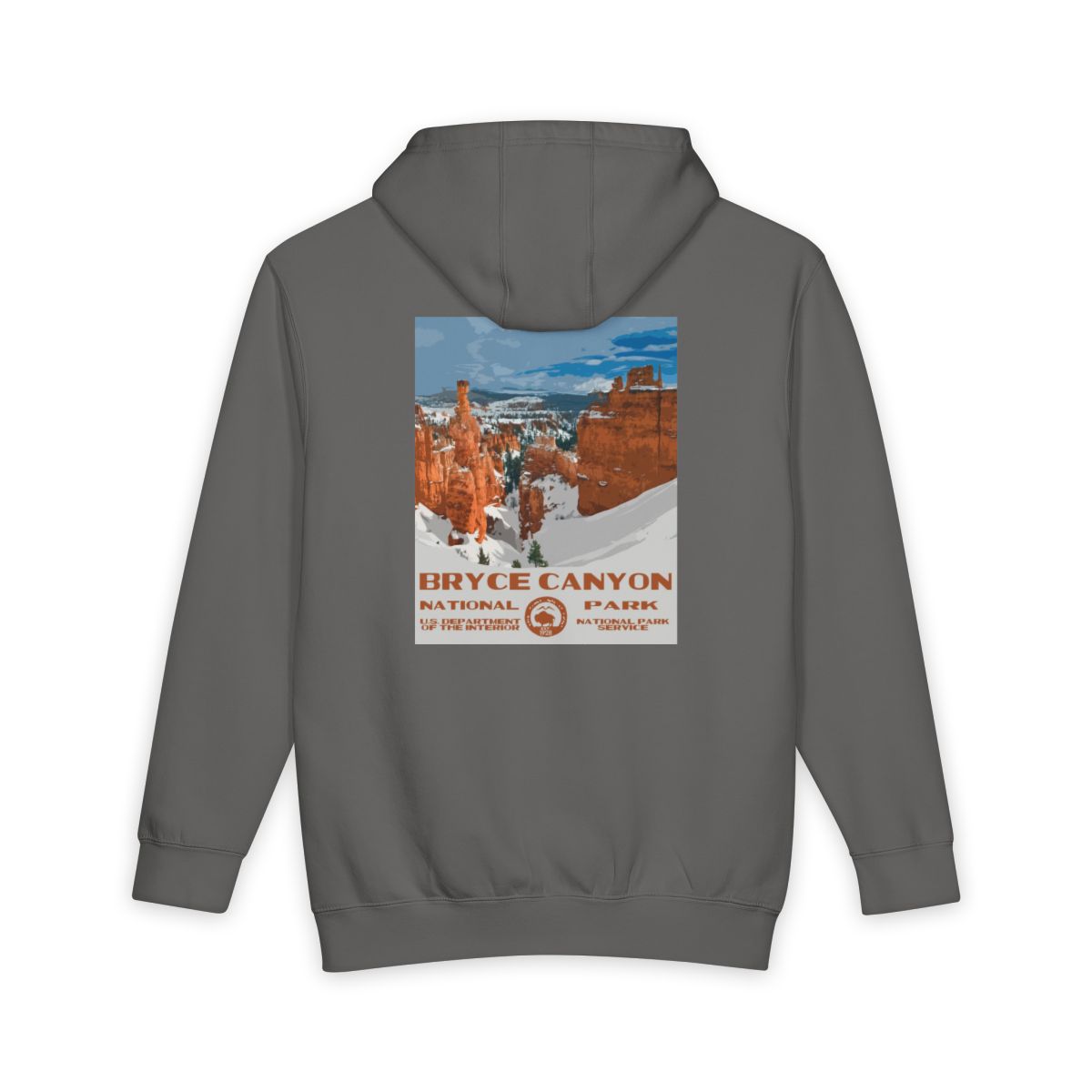 Storm Bryce Canyon National Park hoodie, back view with national park poster artwork