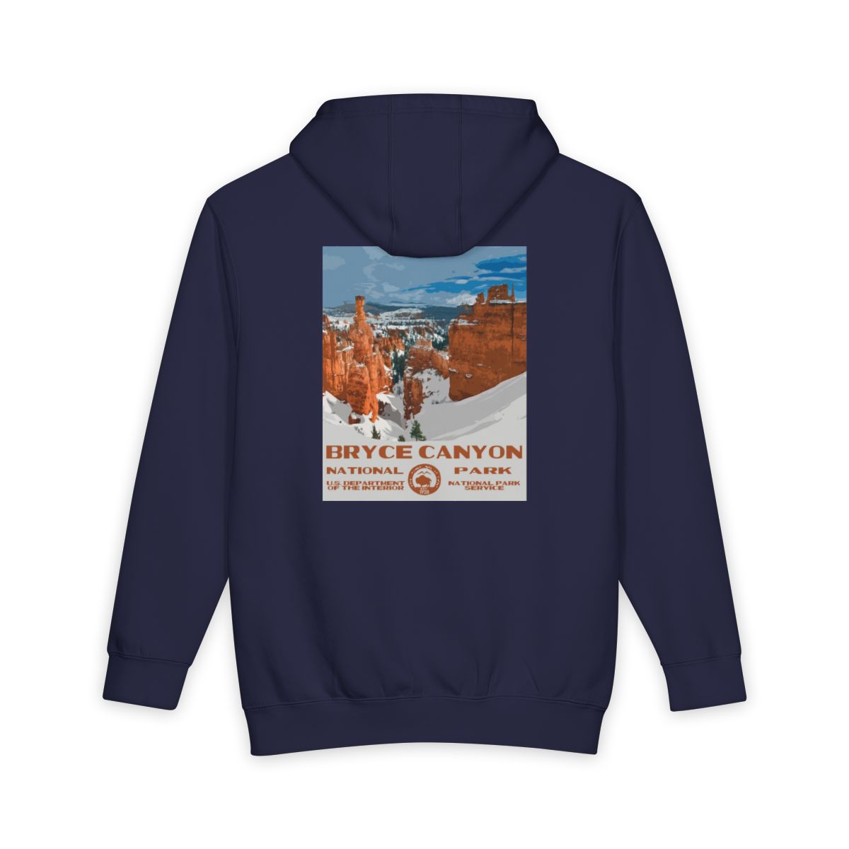 Navy Blue Bryce Canyon National Park hoodie, back view with national park poster artwork
