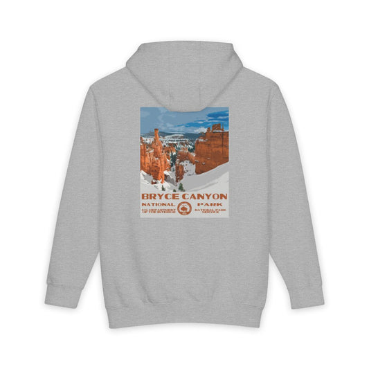 Heather Grey Bryce Canyon National Park hoodie, back view with national park poster artwork