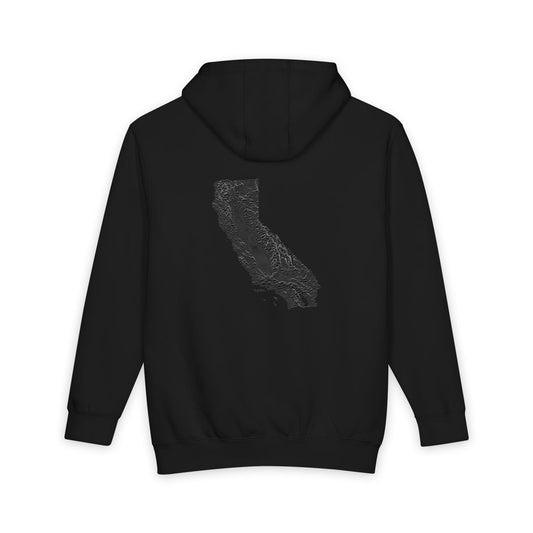 Black California hoodie, back view with topographic line design
