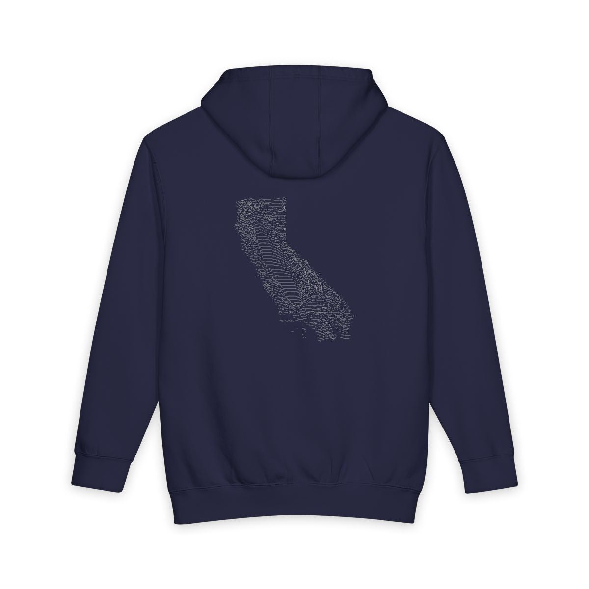 Navy Blue California hoodie, back view with topographic line design