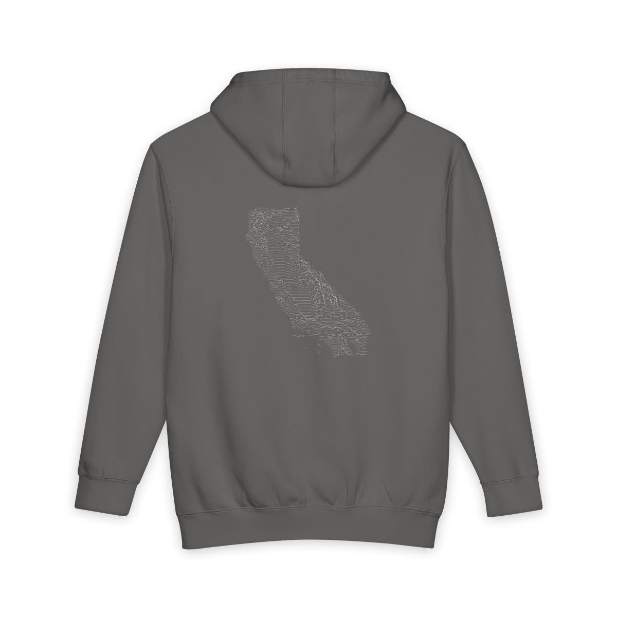 Storm California hoodie, back view with topographic line design