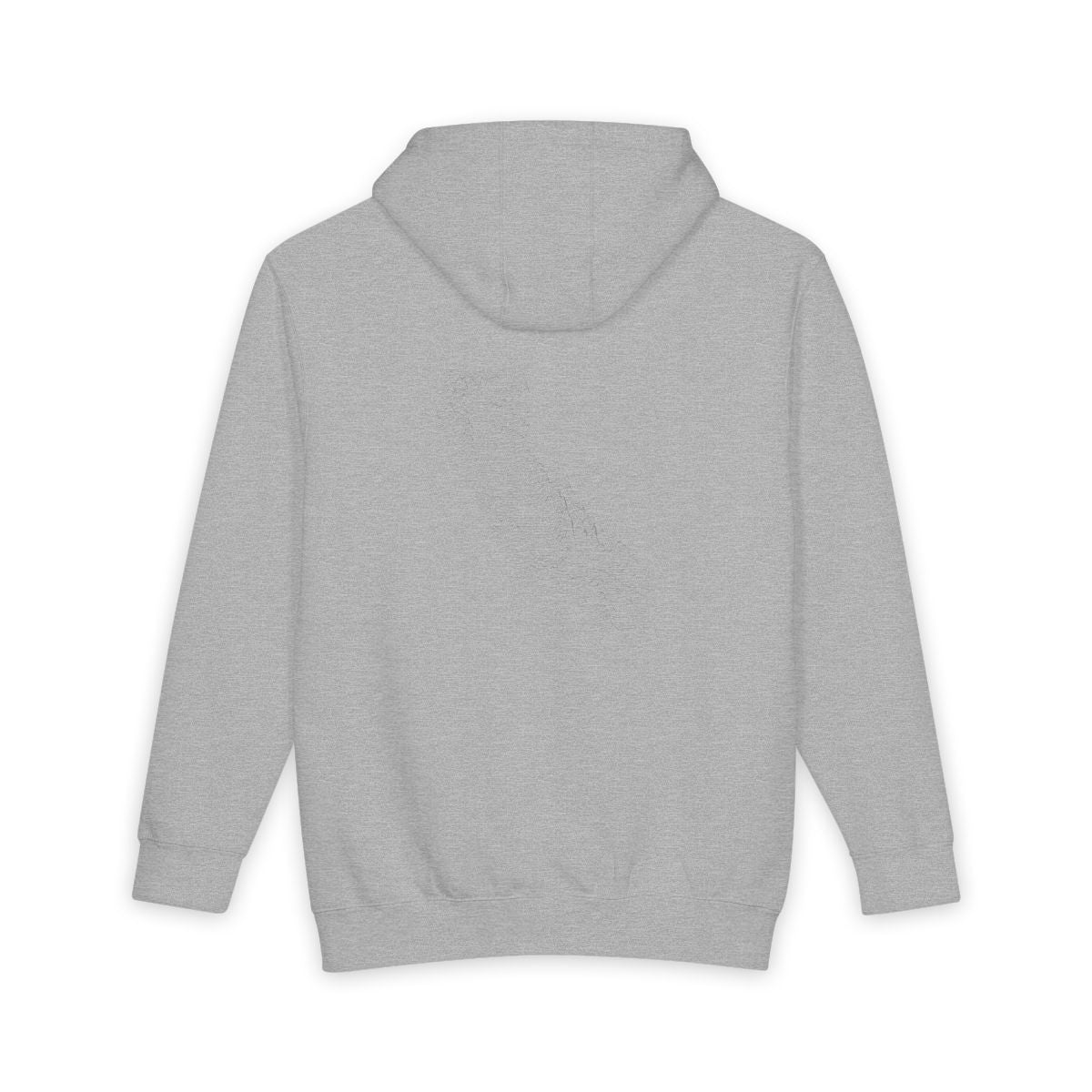 Heather Grey California hoodie, back view with topographic line design