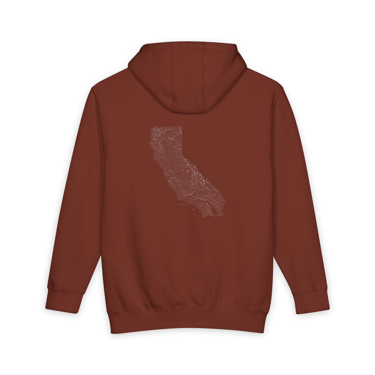 Paprika California hoodie, back view with topographic line design