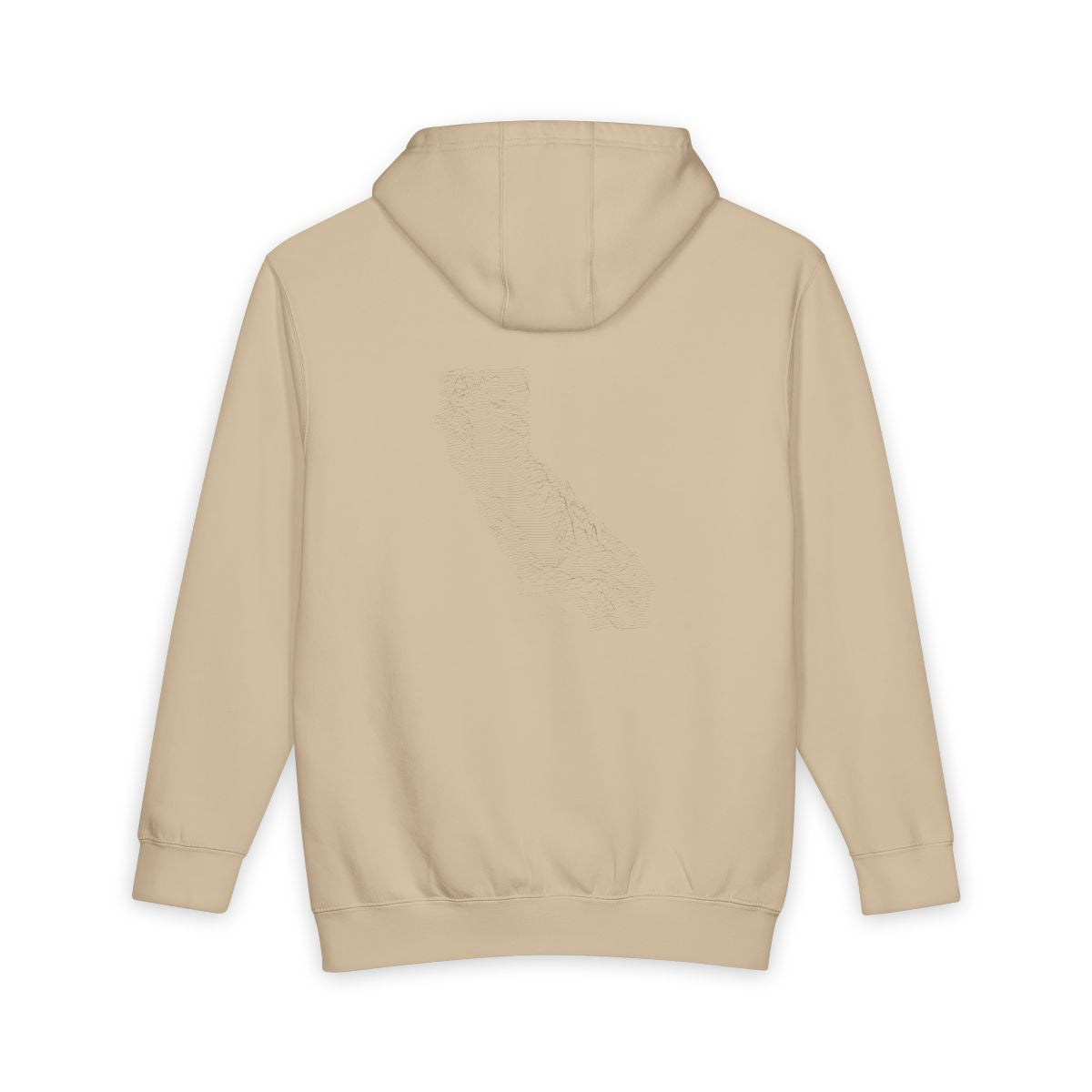 Mushroom California hoodie, back view with topographic line design