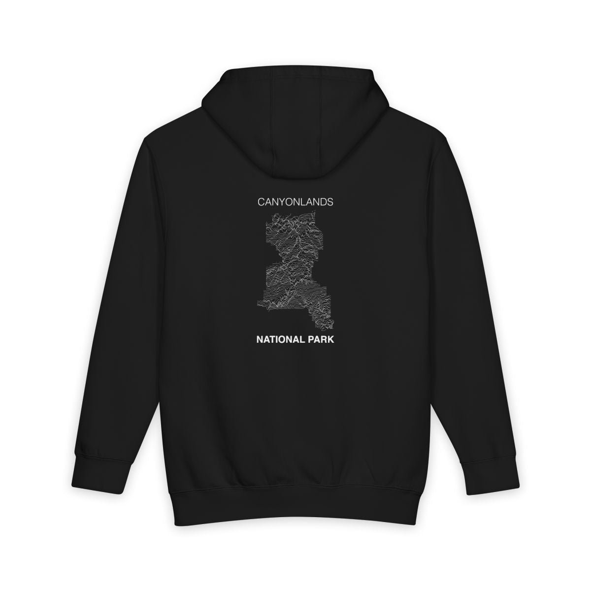Black Canyonlands National Park hoodie, back view with topographic line design