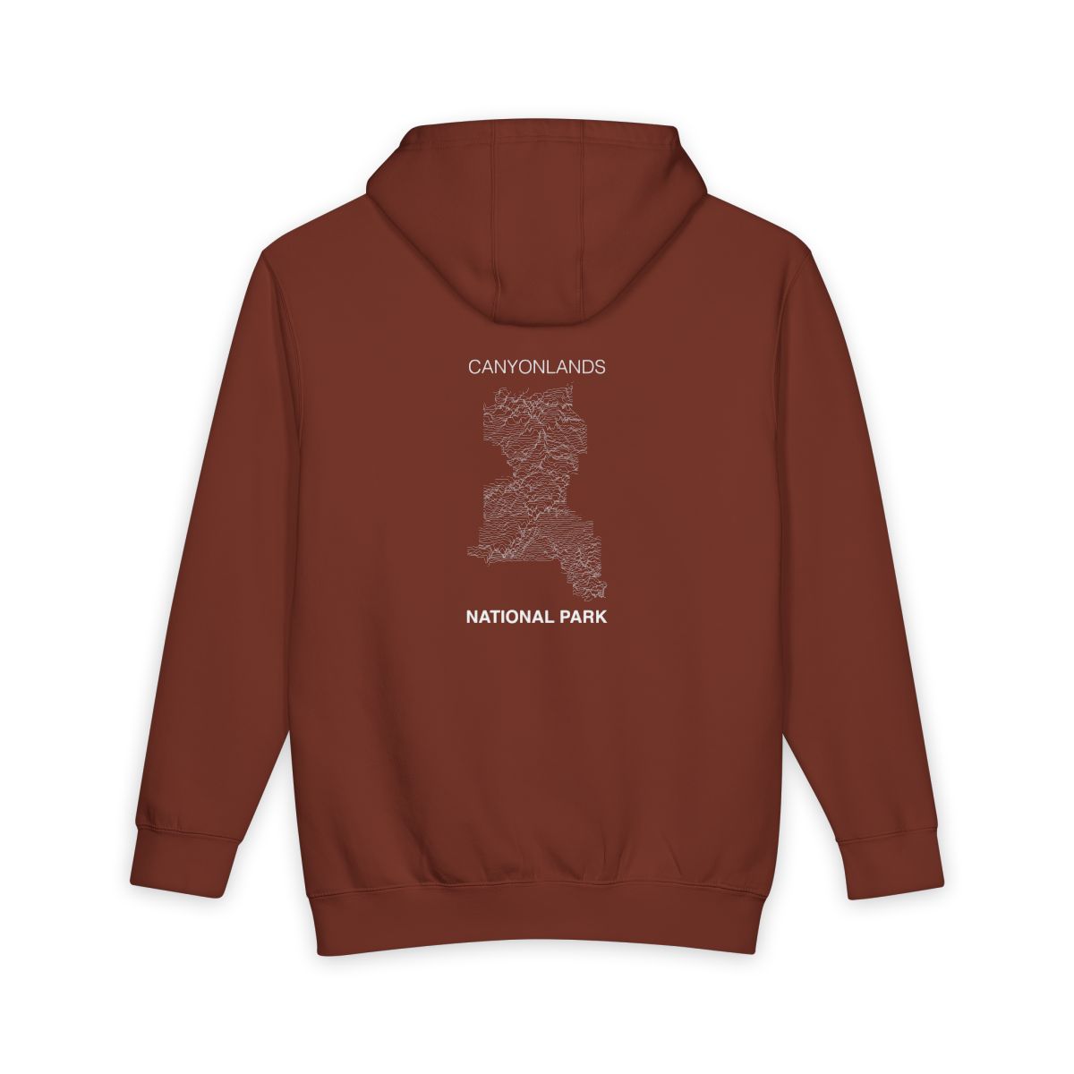 Paprika Canyonlands National Park hoodie, back view with topographic line design