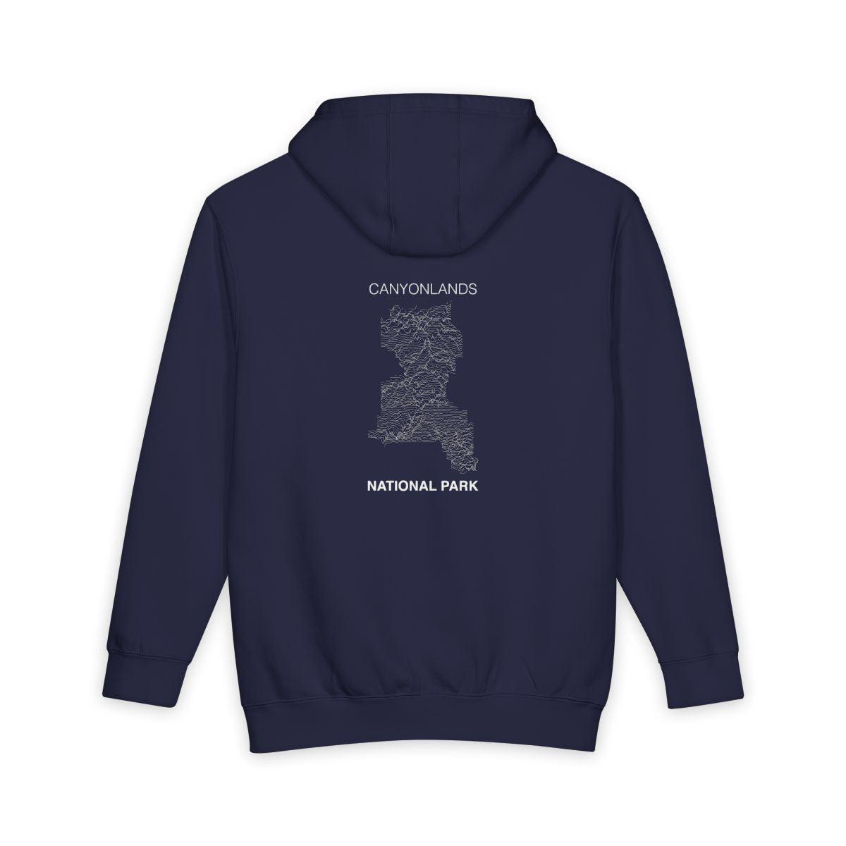 Navy Blue Canyonlands National Park hoodie, back view with topographic line design
