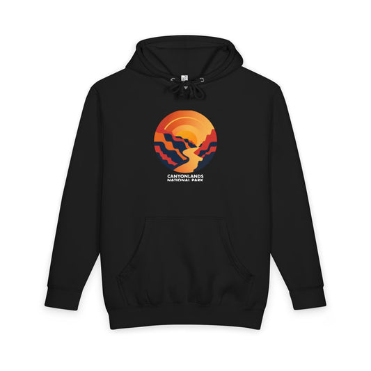 Black Canyonlands National Park hoodie, front view with round emblem design