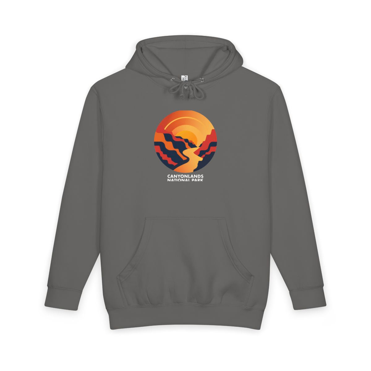 Storm Canyonlands National Park hoodie, front view with round emblem design