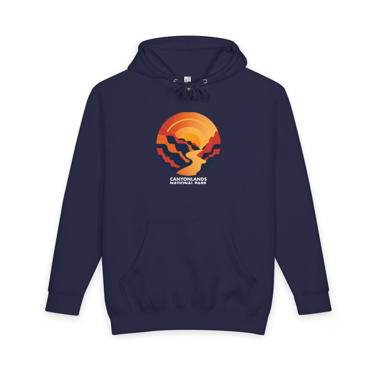 Navy Blue Canyonlands National Park hoodie, front view with round emblem design