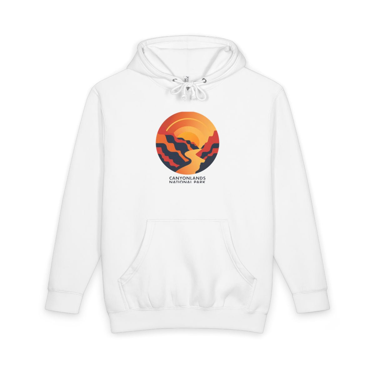 White Canyonlands National Park hoodie, front view with round emblem design