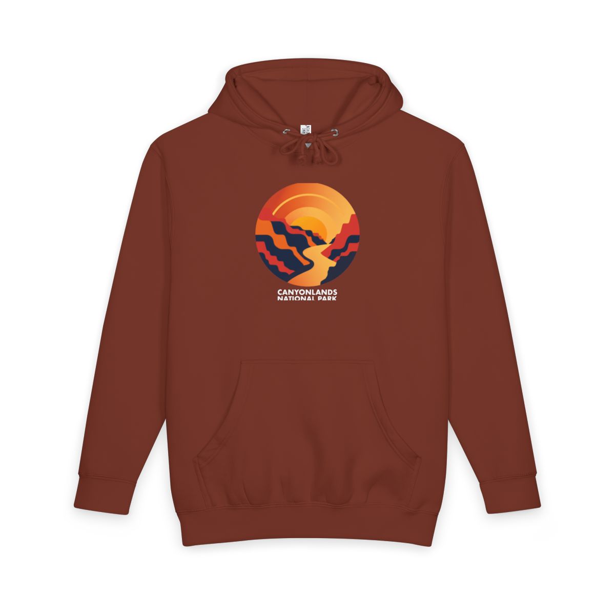 Paprika Canyonlands National Park hoodie, front view with round emblem design
