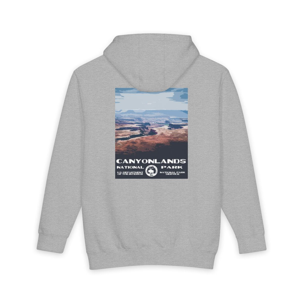 Heather Grey Canyonlands National Park hoodie, back view with national park poster artwork