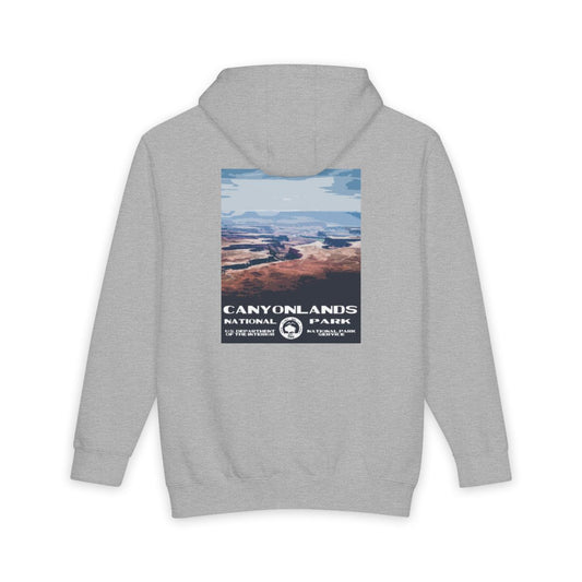 Heather Grey Canyonlands National Park hoodie, back view with national park poster artwork
