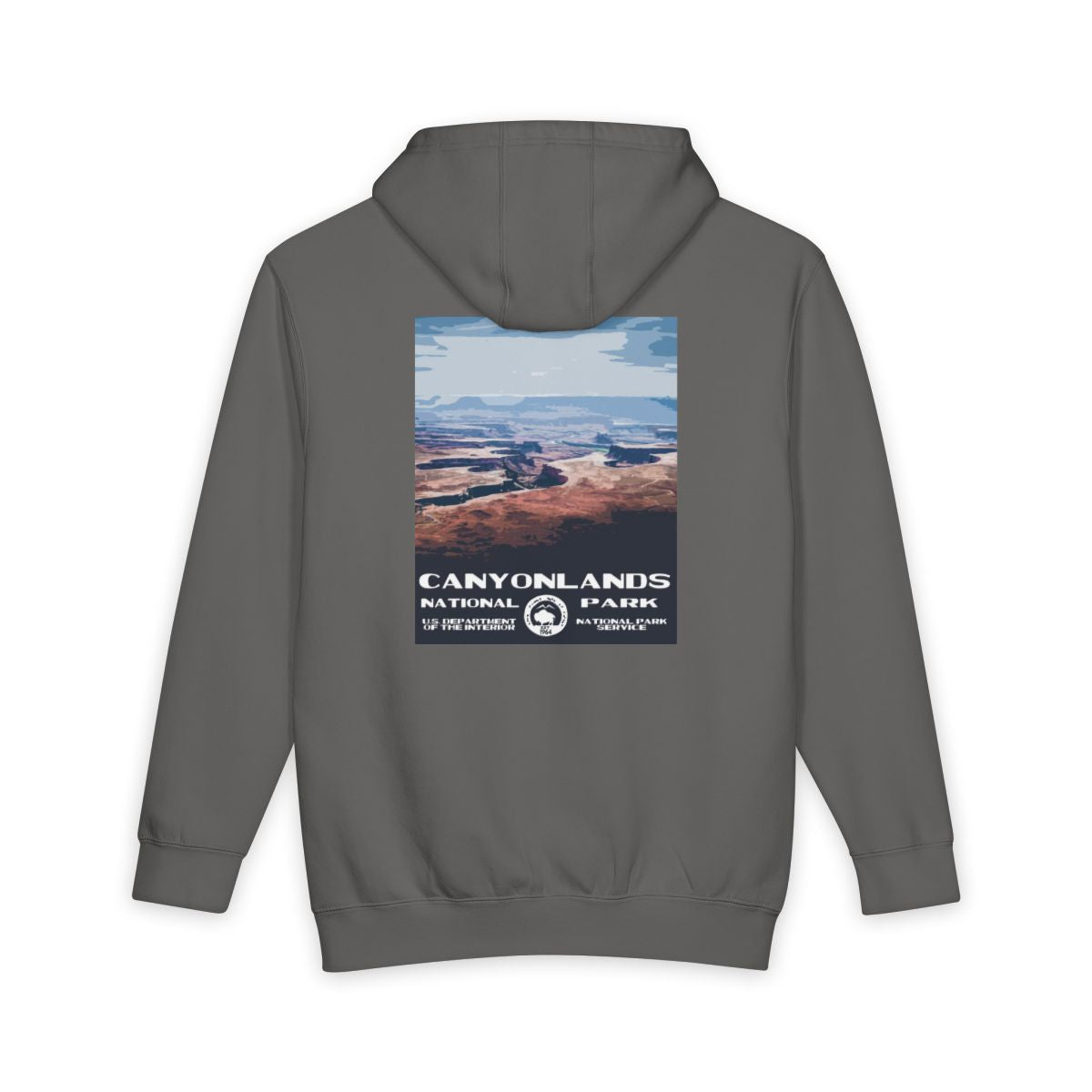 Storm Canyonlands National Park hoodie, back view with national park poster artwork