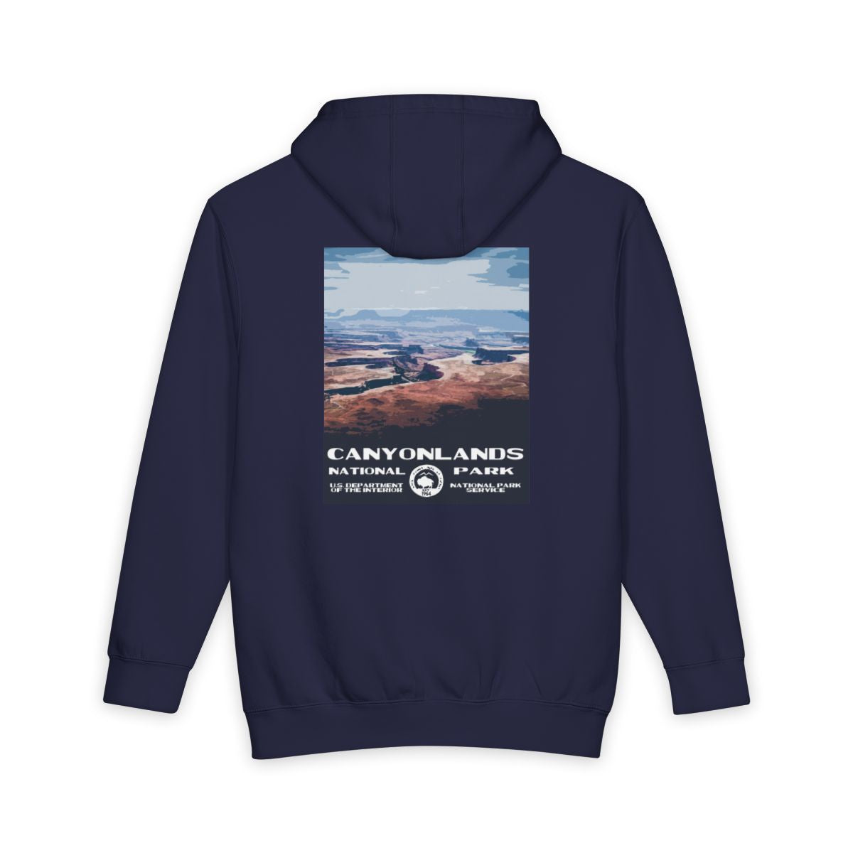 Navy Blue Canyonlands National Park hoodie, back view with national park poster artwork