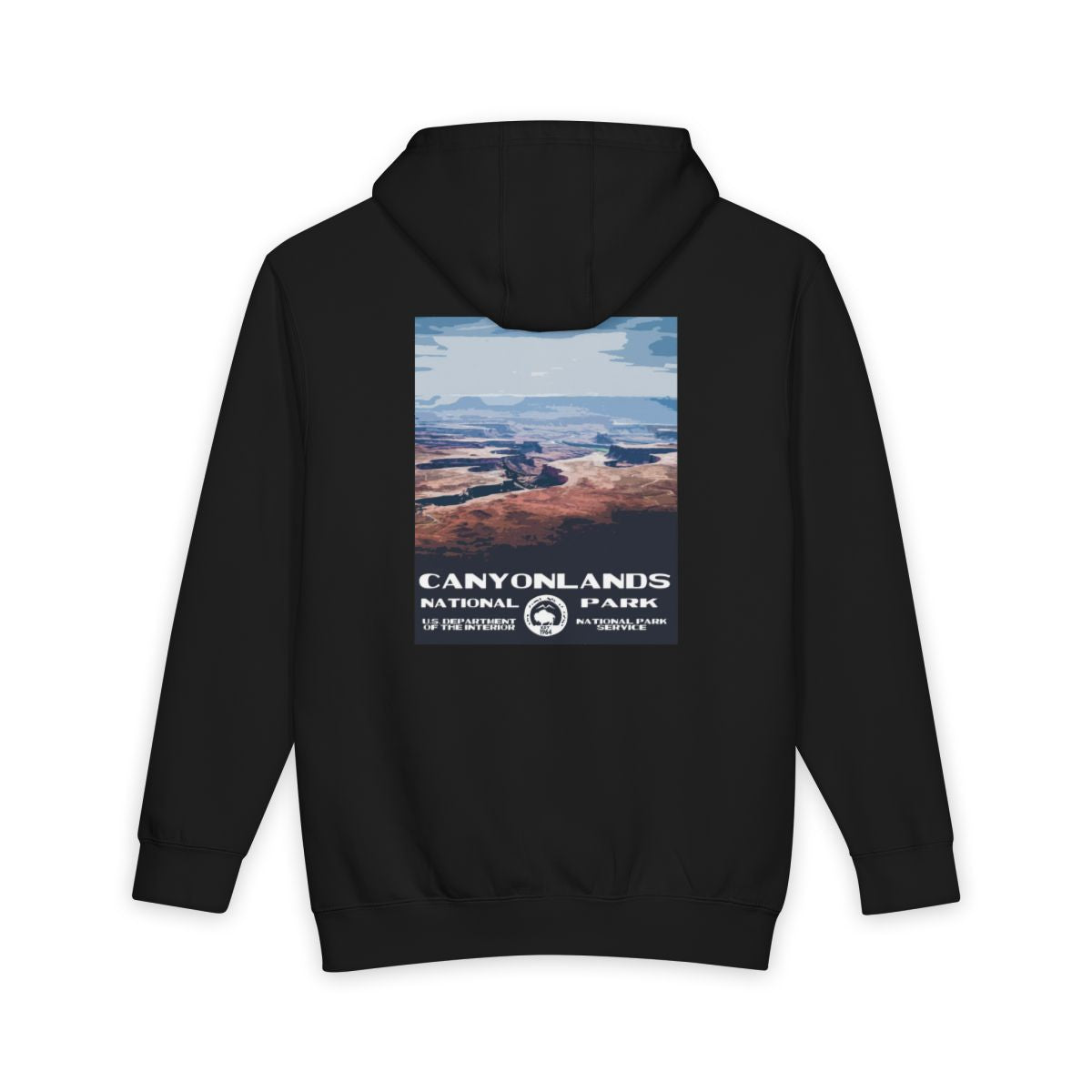 Black Canyonlands National Park hoodie, back view with national park poster artwork