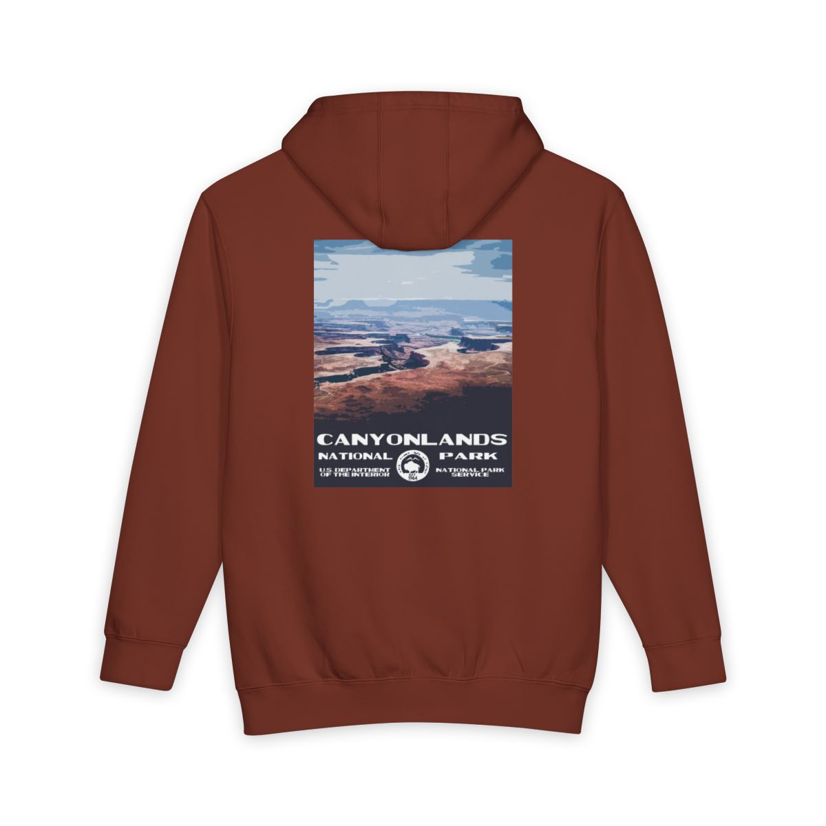 Paprika Canyonlands National Park hoodie, back view with national park poster artwork