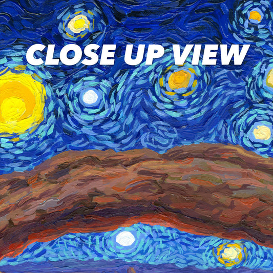 Close-up view of the Canyonlands National Park Starry Night poster artwork, showing colorful Van Gogh-inspired brushwork