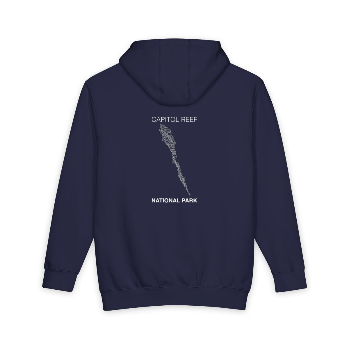 Navy Blue Capitol Reef National Park hoodie, back view with topographic line design