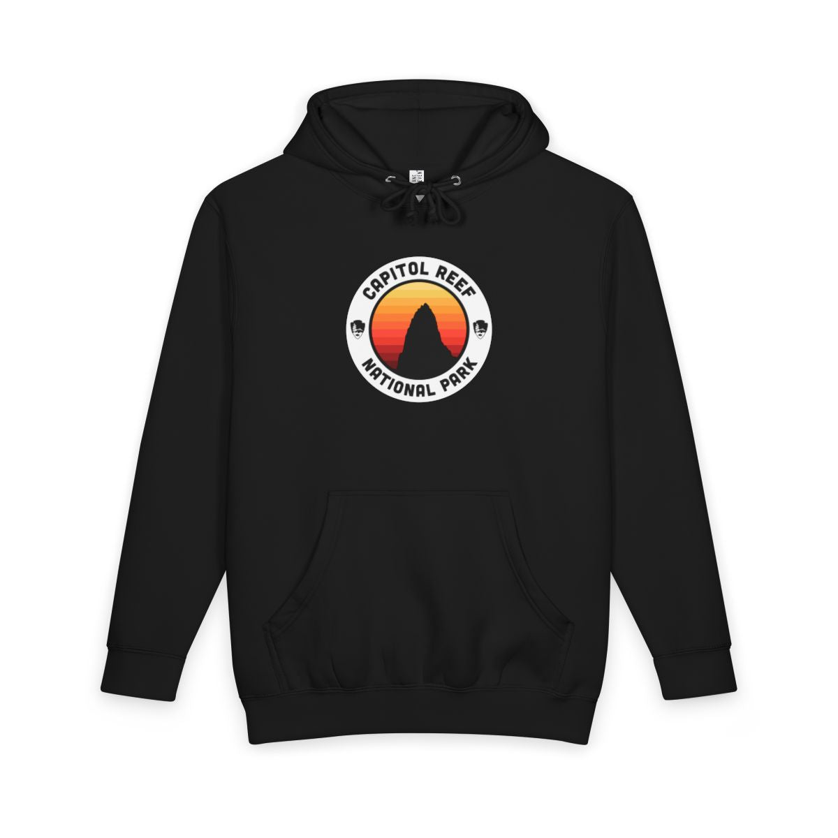 Black Capitol Reef National Park hoodie, front view with round emblem design